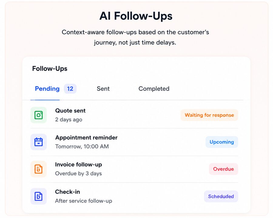 Numa Chat follow-ups dashboard showing pending, sent and completed items