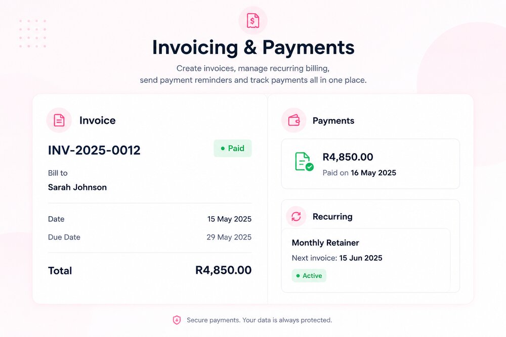 Numa Chat invoice detail alongside a payments and recurring billing panel